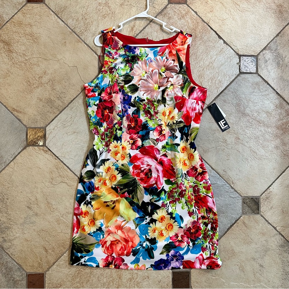 Leslie Fay Multicolor Floral Sheath Dress - Red, Yellow, Blue, Green